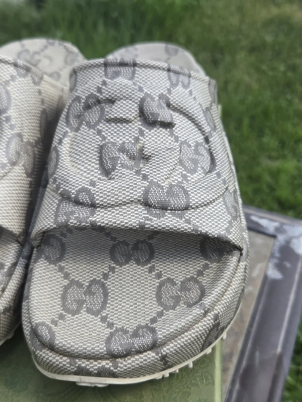 Gucci Gray GG Monogram Platform Slide  - BEIGE /EBONY - GENTLY USED, Womens US 9